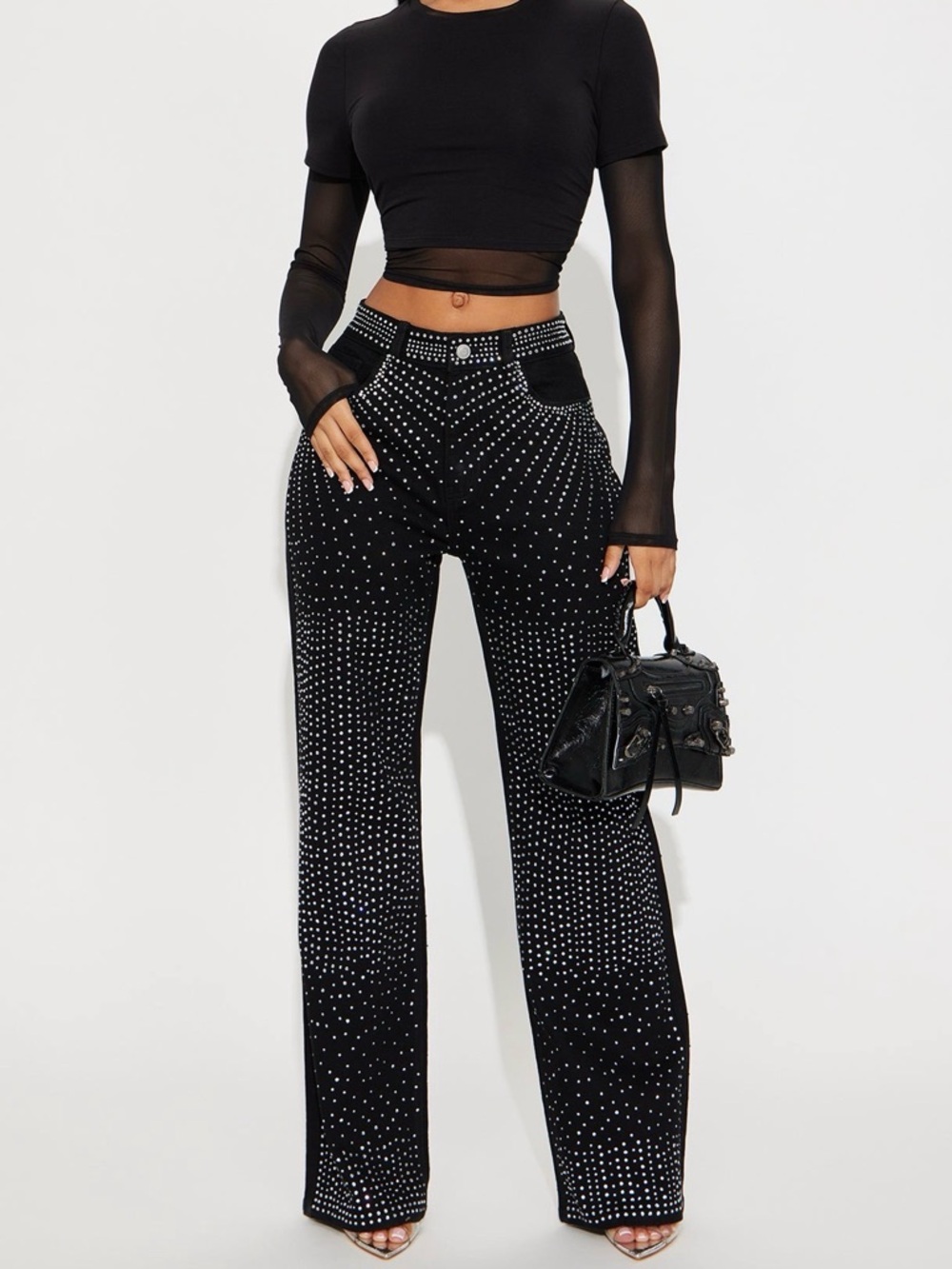 Fashion Nova Black Wide-Leg Rhinestone Pants